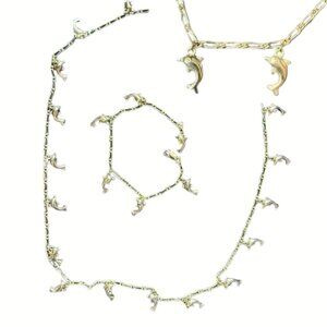 Gold Tone Dolphin Charm Necklace Bracelet Set Beachy Y2K Ocean Jewelry 90s Coast